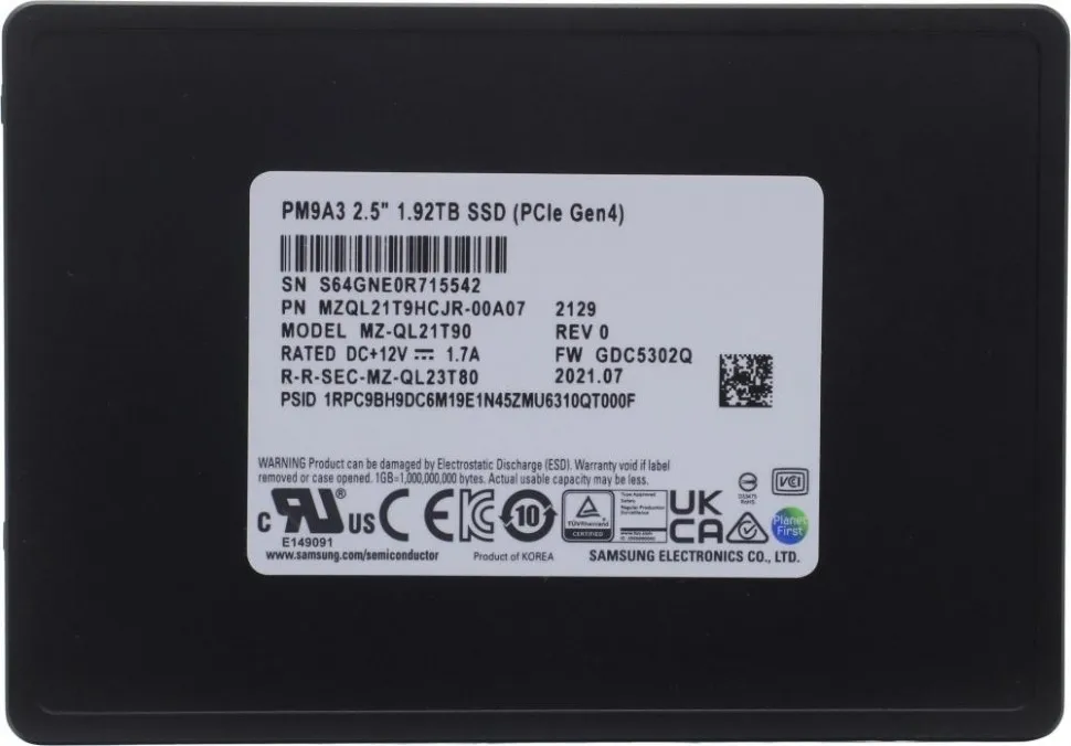 SSD жесткий диск PCIE 1.92TB TLC PM9A3 MZQL21T9HCJR-00A07 SAMSUNG
