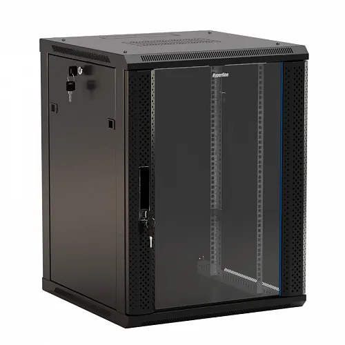 Шкаф настенный 19-дюймовый (19), 6U, 367x600х450мм, стеклянная дверь с перфорацией по бокам, ручка с замком, цвет черный (RAL 9004) (разобранный)