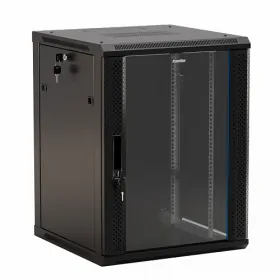  					Шкаф настенный 19-дюймовый (19), 12U, 650x600х600мм, стеклянная дверь с перфорацией по бокам, ручка с замком, цвет черный (RAL 9004) (разобранный)				 