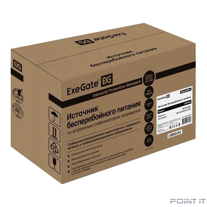 Exegate EX292764RUS ИБП ExeGate SpecialPro UNB-600.LED.AVR.2SH.RJ.USB <600VA/360W, LED, AVR, 2*Schuko, RJ45/11, USB, Black>