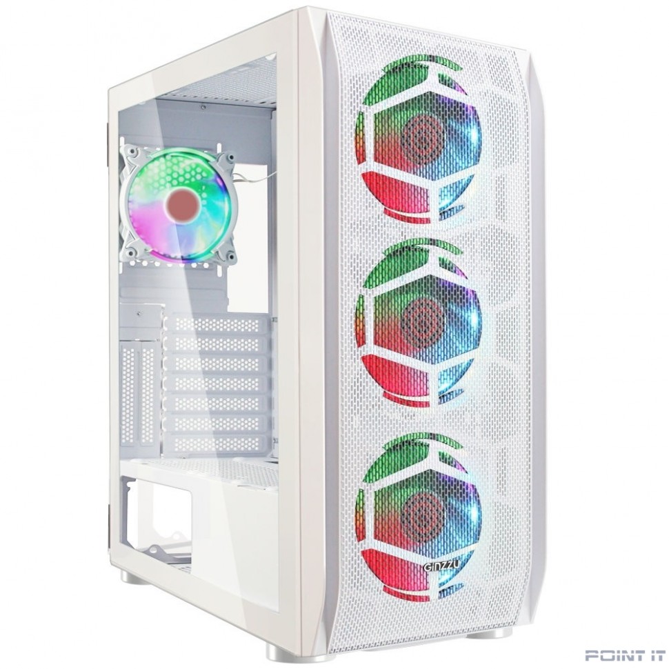 Ginzzu GL 390 боковая дверца закаленное стекло на петлях на магнитах, controller CRC10, 4* 12R6W FAN 12CM RGB Белый