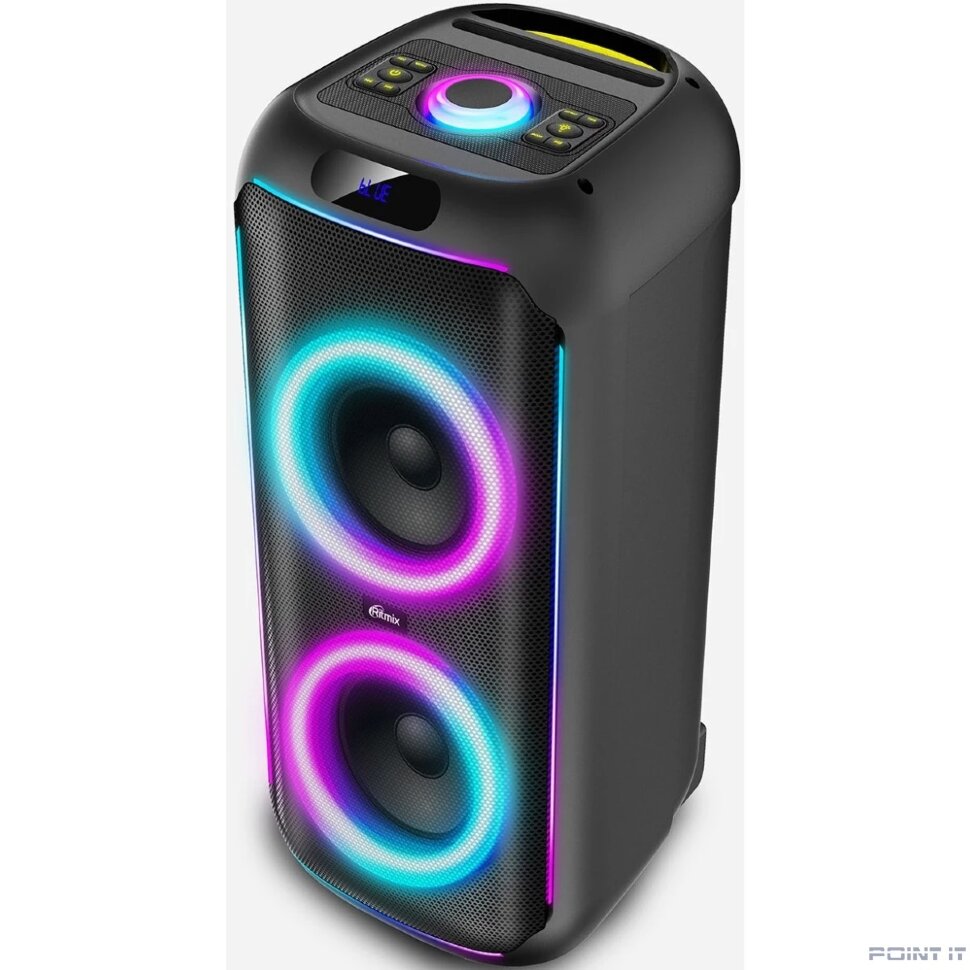 RITMIX SP-770B черный {Bluetooth, FM-радио, RGB-подсветка, AUX, USB, microSD (до 32 Гб, MP3), дисплей: LED, до 6 часов, вход: Jack 6.3 мм, Jack 3.5 мм, USB, 3600 мАч, 3.7 В, USB Type}